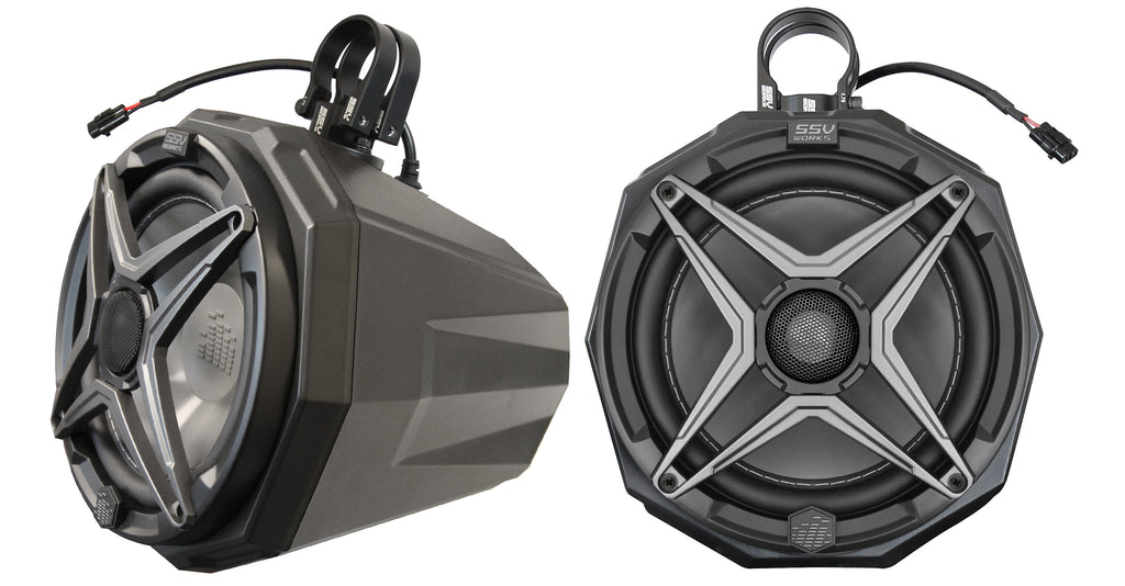 SSV Works 8-inch cage mount pod speaker installed on a 1.75-inch roll cage for off-road vehicles.