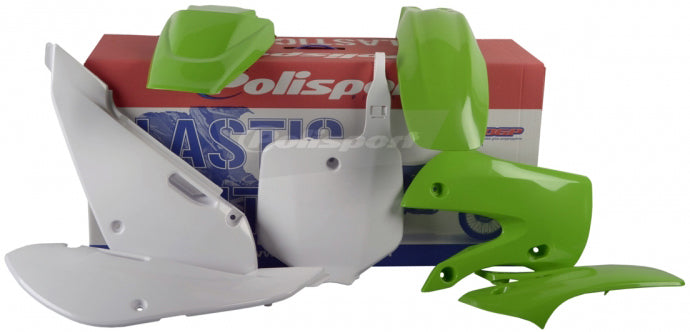 Polisport Plastics green and white plastic body kit for motocross or off-road bikes, includes front and side panels.