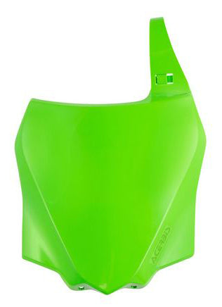 Acerbis green front number plate for motorcycle, featuring the Acerbis logo and mounting holes on a white background.