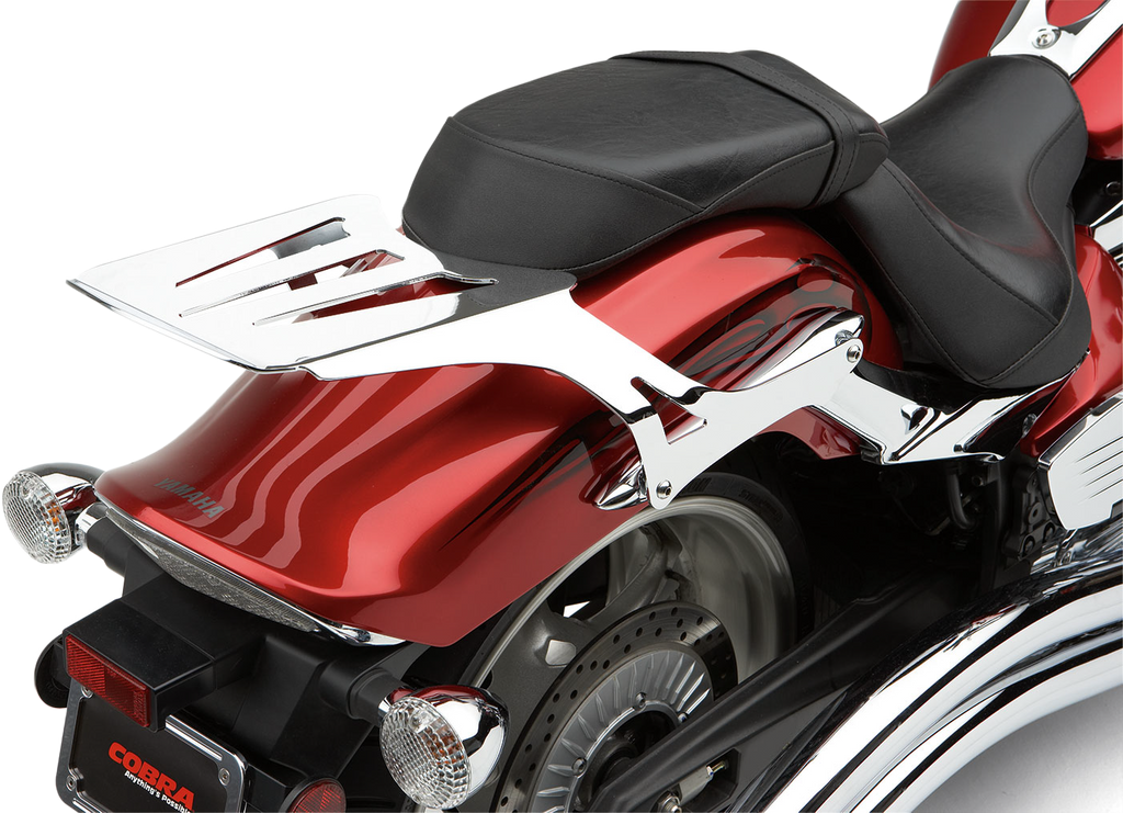 Chrome Cobra Solo Luggage Rack for Yamaha Stryker 2011-2018, with sleek formed metal design for motorcycle storage.