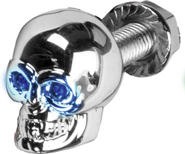 Blue illuminated skull license plate screw by HardDrive, featuring a detailed skull design and sturdy metal construction.