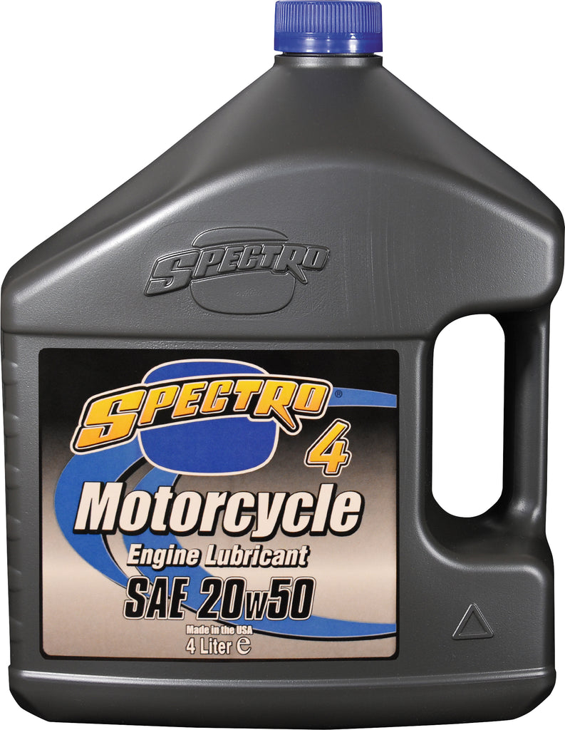 Spectro Premium M/C Petroleum 4T 20W50 motorcycle engine oil, 4-liter container, for high-performance motorcycle lubrication.