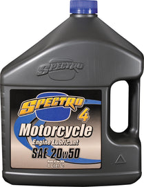 Spectro Premium M/C Petroleum 4T 20W50 motorcycle engine oil, 4-liter container, for high-performance motorcycle lubrication.