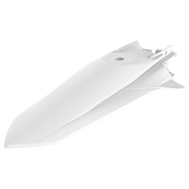 Polisport Plastics white rear fender for KTM motorcycle, showcasing durable plastic body with mounting points and branding details.