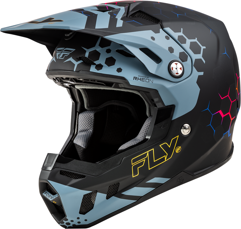 Fly Racing Formula CC Tektonic helmet in matte black, slate, and blue with aerodynamic design and ventilation features.