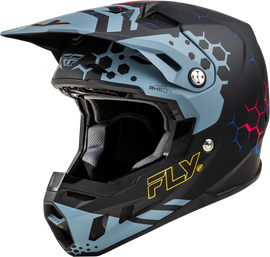 Fly Racing Formula CC Tektonic helmet in matte black, slate, and blue with aerodynamic design and ventilation features.