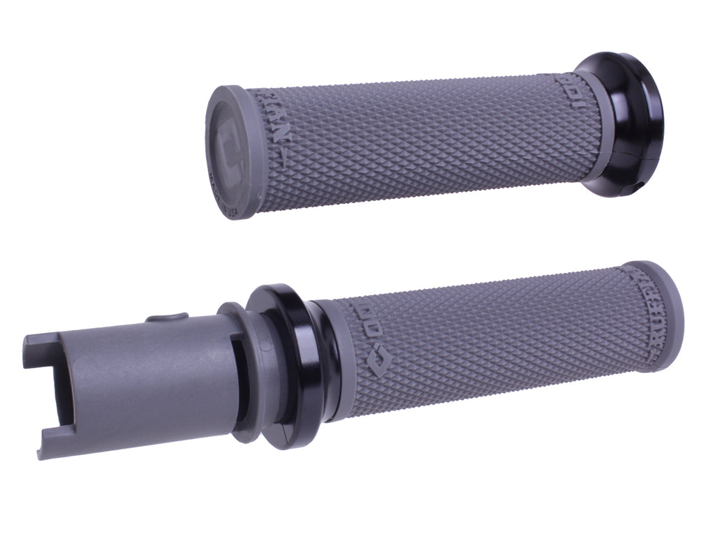 ODI Grips Lock-On Ruffian grips in graphite and black for BMX or mountain bikes, featuring secure lock-on design and textured surface.