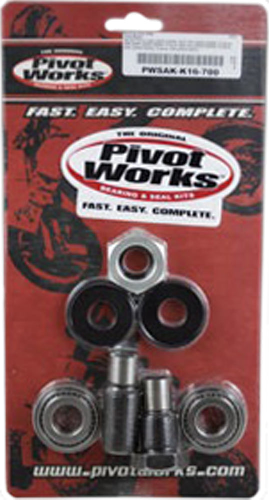 Pivot Works Swingarm Kit 52-0070 for motorcycle suspension, showing assembled components and detailed metal parts.