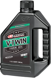 Maxima V-Twin Type-E Fork Oil 10wt 32oz bottle, motorcycle fork oil with safety cap, for suspension maintenance
