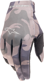 Alpine Star Radar Gloves in camouflage, medium size, featuring padded palms and adjustable wrist straps for motorcycle riding comfort.