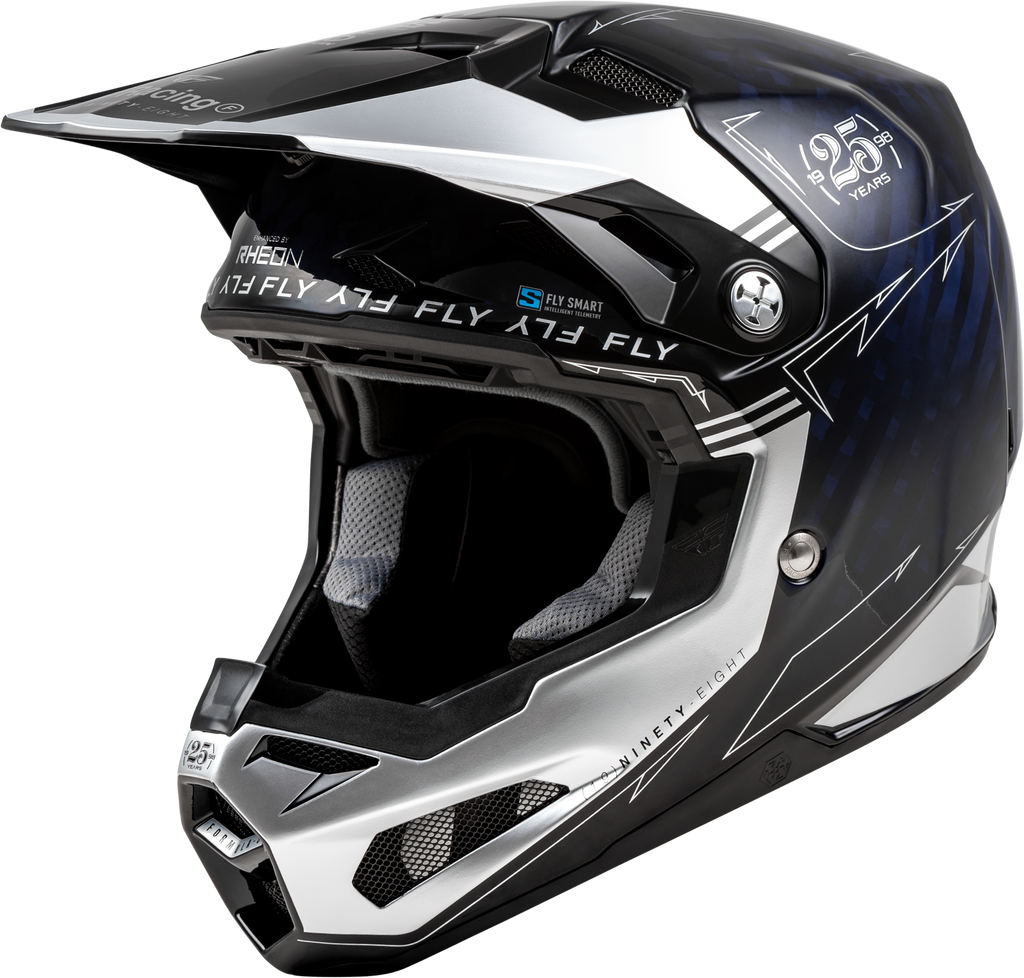 Fly Racing Formula S Carbon Legacy helmet in blue and silver with carbon accents, XL size, aerodynamic design for motorcycle riding.