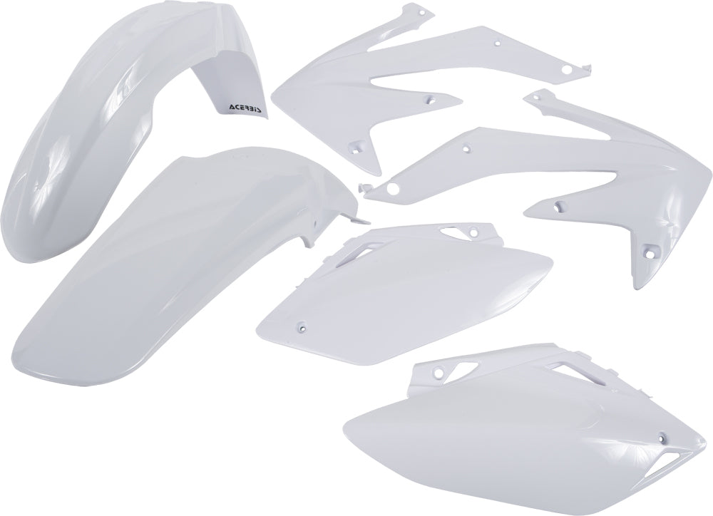 Acerbis white plastic kit for motorcycles, featuring various molded plastic parts, displayed on a plain background.