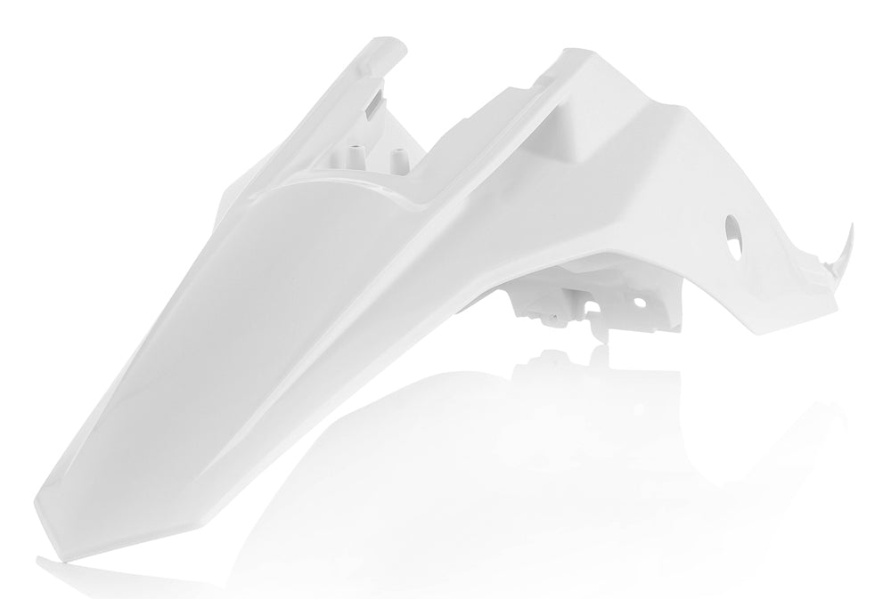 Acerbis white rear fender for motorcycle, showing smooth plastic surface and mounting holes for easy installation.
