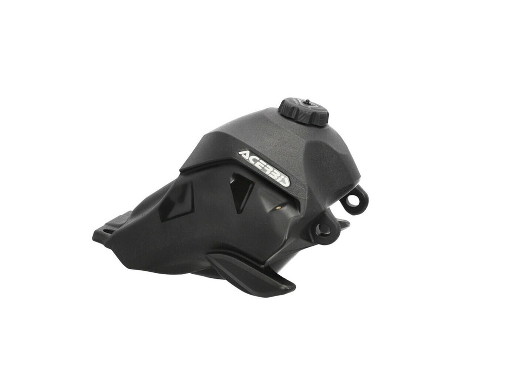 Acerbis 3.7-gallon black fuel tank for motorcycles, showing the sleek black surface and mounting points.