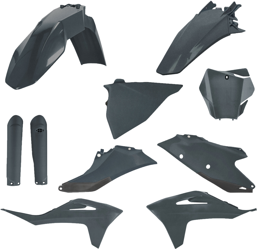 Acerbis full plastic body kit in gas grey metallic, includes front and side panels for motorcycle assembly.