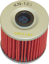 Load image into Gallery viewer, K&amp;N Oil Filter 56-0123 showing the cylindrical black filter with metal end caps and the K&amp;N logo on the side.