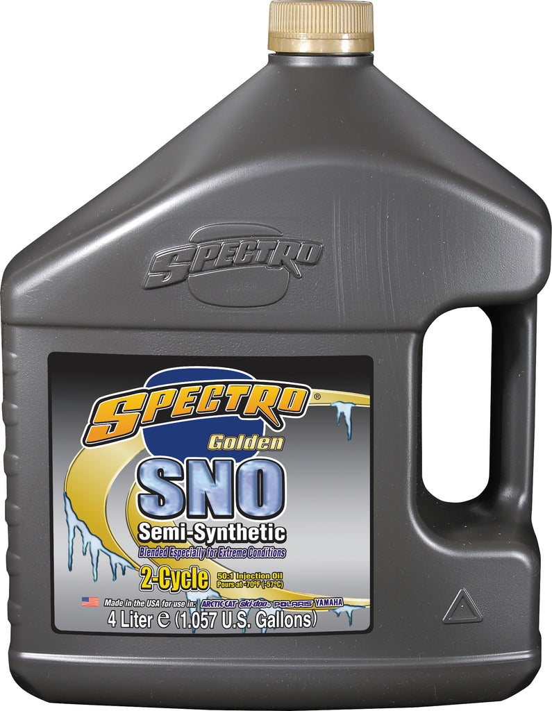 Spectro Golden Sno Semi-Synthetic 2T Inject Oil in a one-gallon container, used as a high-performance engine lubricating chemical.