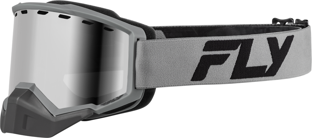 Fly Racing Focus Snow Goggle with silver/char frame, silver mirror and smoke lenses, designed for winter sports.
