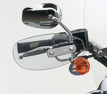 Load image into Gallery viewer, Clear National Cycle hand deflector mounted on motorcycle handlebar, showing the transparent shield and mounting hardware.
