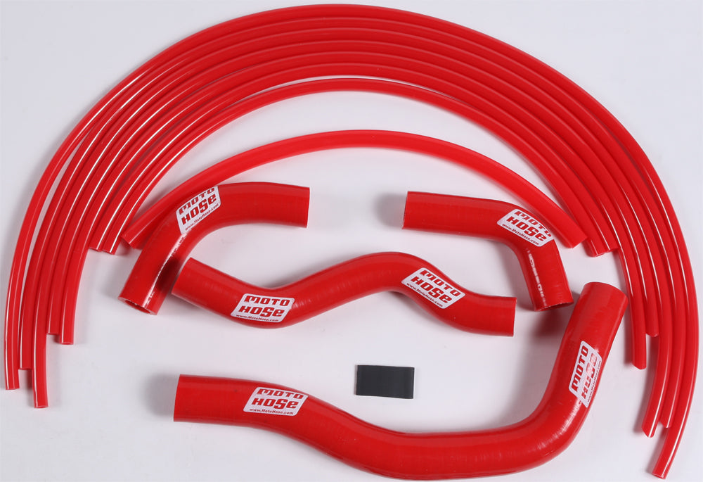 Moto Hose silicone engine hose kit in red, featuring flexible, durable silicone hoses with metal clamps for automotive engine performance.