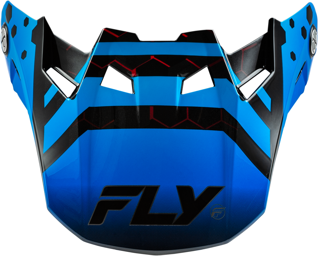 Fly Racing Formula CC Tektonic motorcycle helmet visor in black, blue, and red, shown in medium/large size.