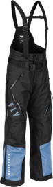 Fly Racing women's Carbon Bib in black and blue, shown on a model, featuring adjustable straps and padded design for riding comfort.