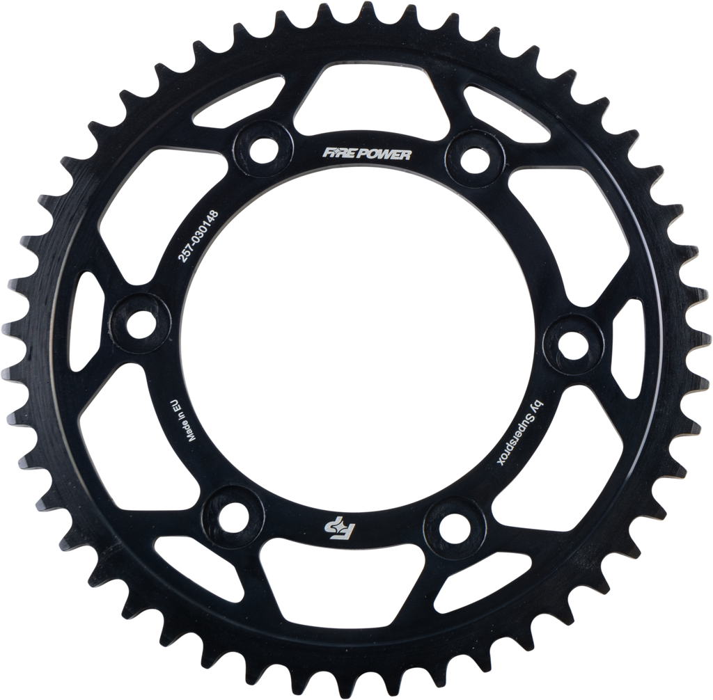 Fire Power steel 48-tooth rear sprocket for Honda CRF250 motorcycle, black finish with gear teeth visible.
