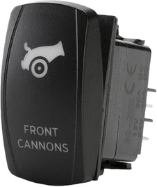 FLIP Switch Products Front Cannons Dash Switch Pro Series backlit switch for vehicle control, black with illuminated labels.