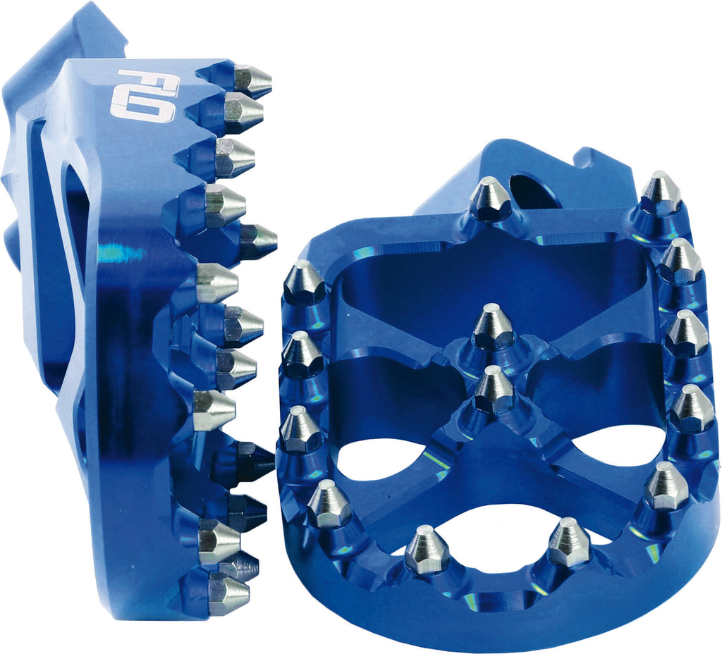 Flo Motorsports Pro Series foot pegs in blue, designed for motorcycle riders, with durable metal construction and textured surface for grip.