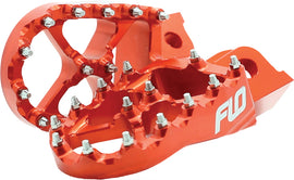 Flo Motorsports Pro Series orange foot pegs for motorcycle, showcasing durable metal construction and grip surface.