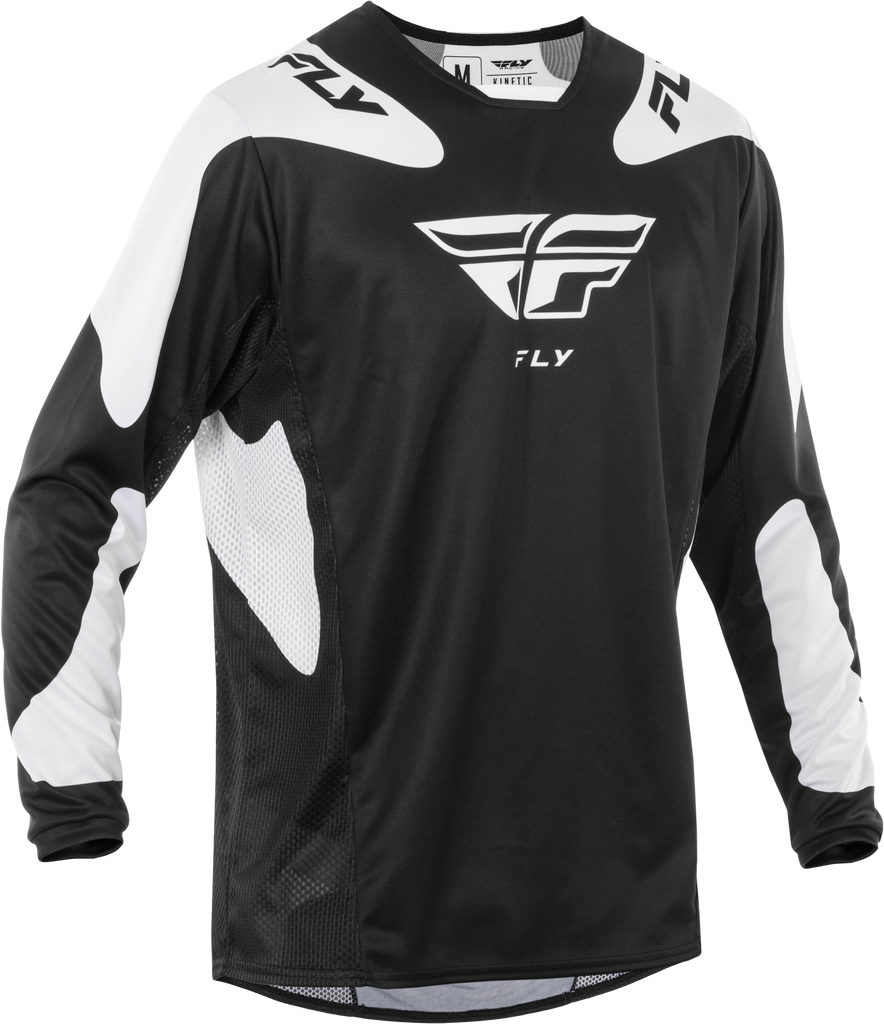 Fly Racing Kinetic Sym motocross jersey in black and white, size large, featuring lightweight, breathable fabric and sporty design.