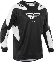 Load image into Gallery viewer, Fly Racing Kinetic Sym motocross jersey in black and white, size large, featuring lightweight, breathable fabric and sporty design.