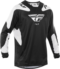Fly Racing Kinetic Sym motocross jersey in black and white, size large, featuring lightweight, breathable fabric and sporty design.