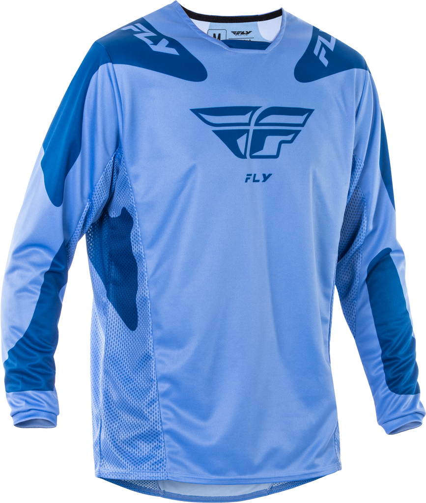 Fly Racing Kinetic Sym motocross jersey in ultramarine and dark blue, featuring lightweight breathable fabric and athletic fit.