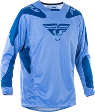 Load image into Gallery viewer, Fly Racing Kinetic Sym motocross jersey in ultramarine and dark blue, featuring lightweight breathable fabric and athletic fit.