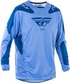Fly Racing Kinetic Sym motocross jersey in ultramarine and dark blue, featuring lightweight breathable fabric and athletic fit.