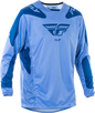 Fly Racing Kinetic Sym motocross jersey in ultramarine and dark blue, featuring lightweight breathable fabric and athletic fit.