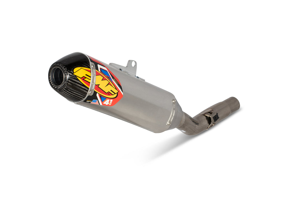 FMF Racing Factory 4.1 RCT SS aluminum exhaust with carb cap for Kawasaki motorcycles, shown from the side.