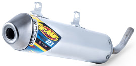 FMF Racing Powercore 2.1 silencer exhaust with turbine core for enhanced motorcycle performance, shown in black and silver.