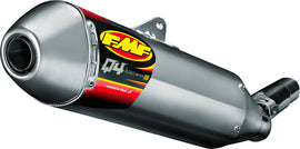 FMF Racing Q4 Hex S/A slip-on exhaust system for motorcycles, showing the sleek metal muffler with branding details.