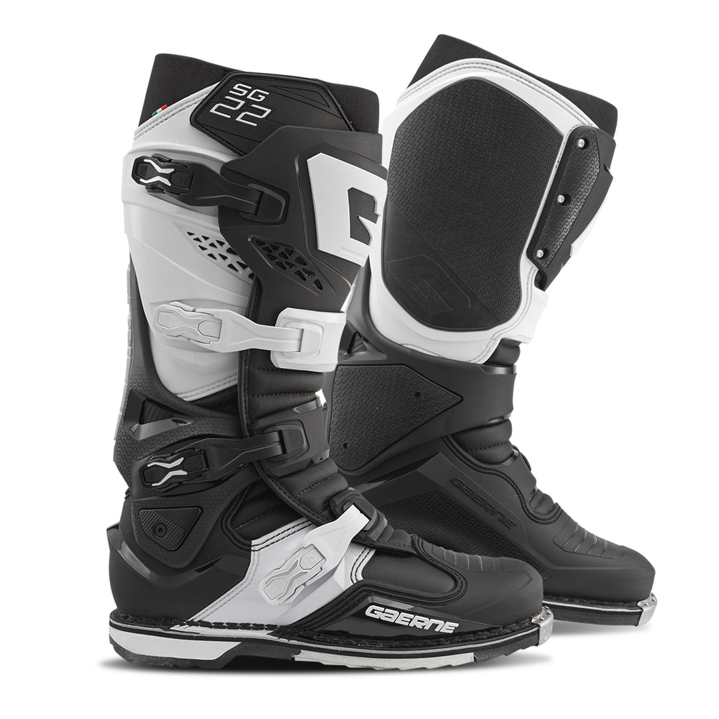 Gaerne SG22 motocross boots in black and white, size 12, featuring durable construction and secure ankle protection.