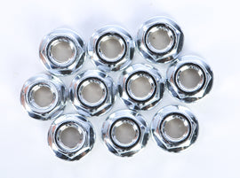 Chrome Gardner-Westcott flange nut, hardware fastener, 10-pack, used for secure fittings and mechanical applications