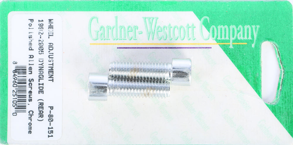 Gardner-Westcott rear wheel adjustment bolts for 1992-2006 Harley Dyna models, showing the bolts attached to the rear wheel assembly.