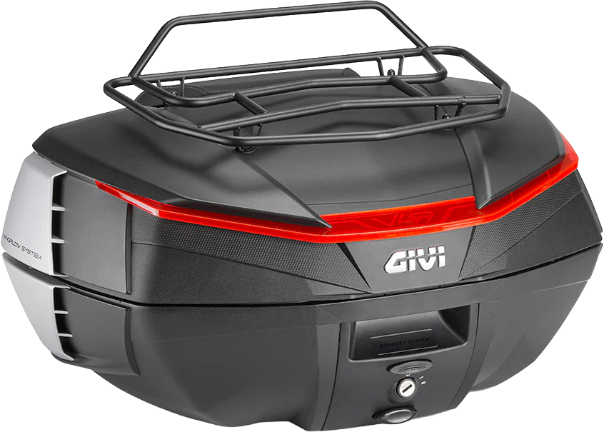 Black GIVI top case rack made of metal for V49 top cases, designed for motorcycle accessories installation.