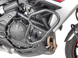 GIVI engine guards for Kawasaki motorcycle, durable black body protection with mounting brackets, designed for Kawasaki models.