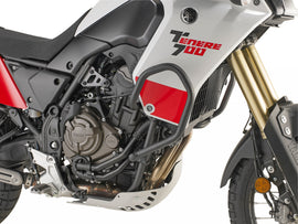 GIVI engine guards for Yamaha motorcycle, black metal body protection with mounting brackets, designed for durability and safety.