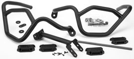 GIVI engine guards and braces for motorcycle protection, shown in black with mounting brackets, designed for durability and safety.