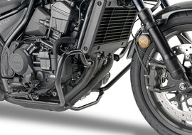 GIVI engine guards for Honda motorcycles, protective braces in black, designed to shield engine components effectively.
