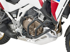 GIVI engine guards for Honda motorcycles, durable protective braces with black finish, designed to shield engine components.