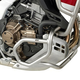 GIVI stainless steel lower engine guards for HON motorcycles, providing protection and durability for engine components.
